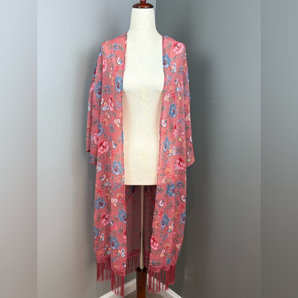 Chiffon Kimono Robe Swim Cover Up Topper One Size Pink Blue Floral Lace Fringe